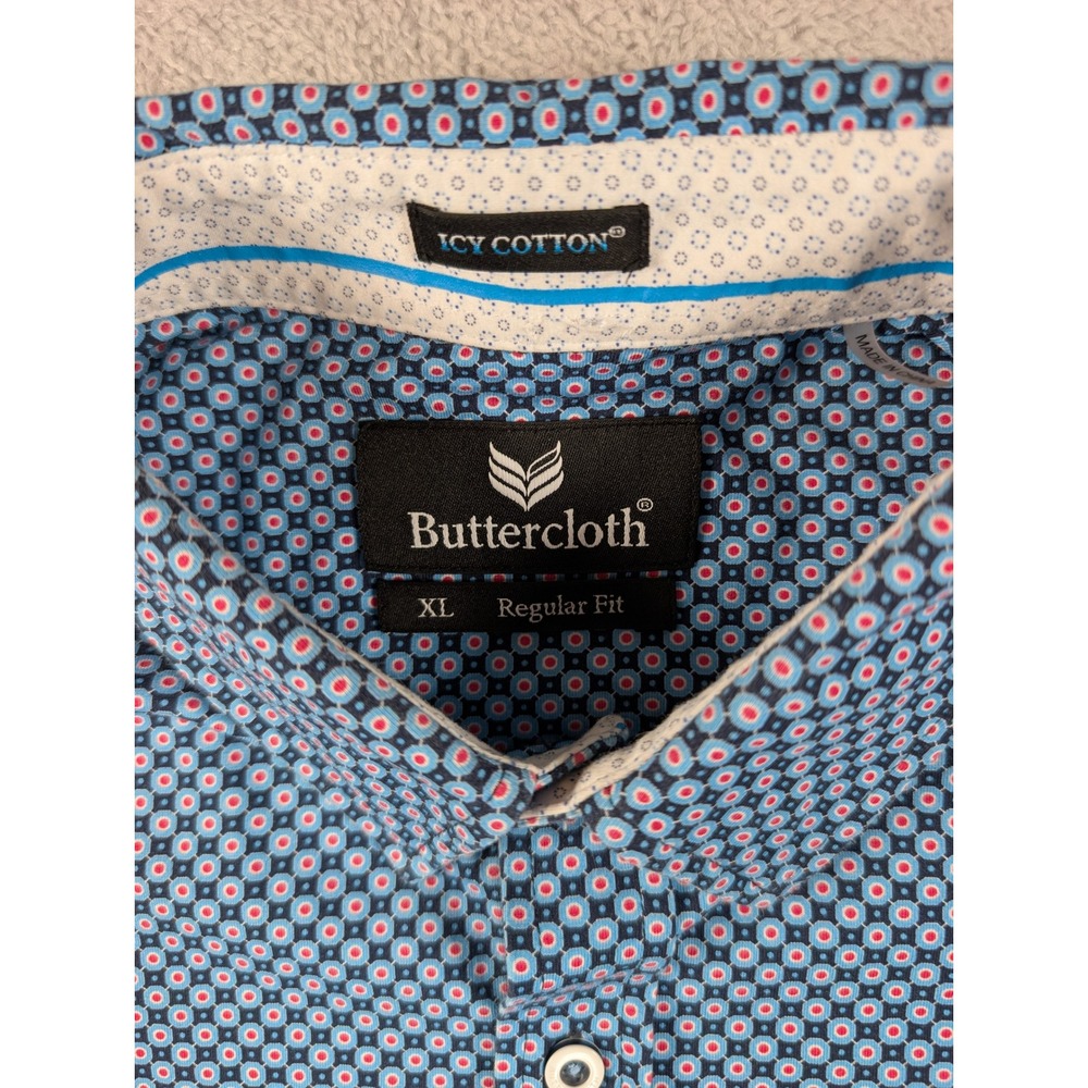 Buttercloth Icy Cotton Mens XL Regular Fit Blue Geometric Short Sleeve Shirt - Picture 3 of 8